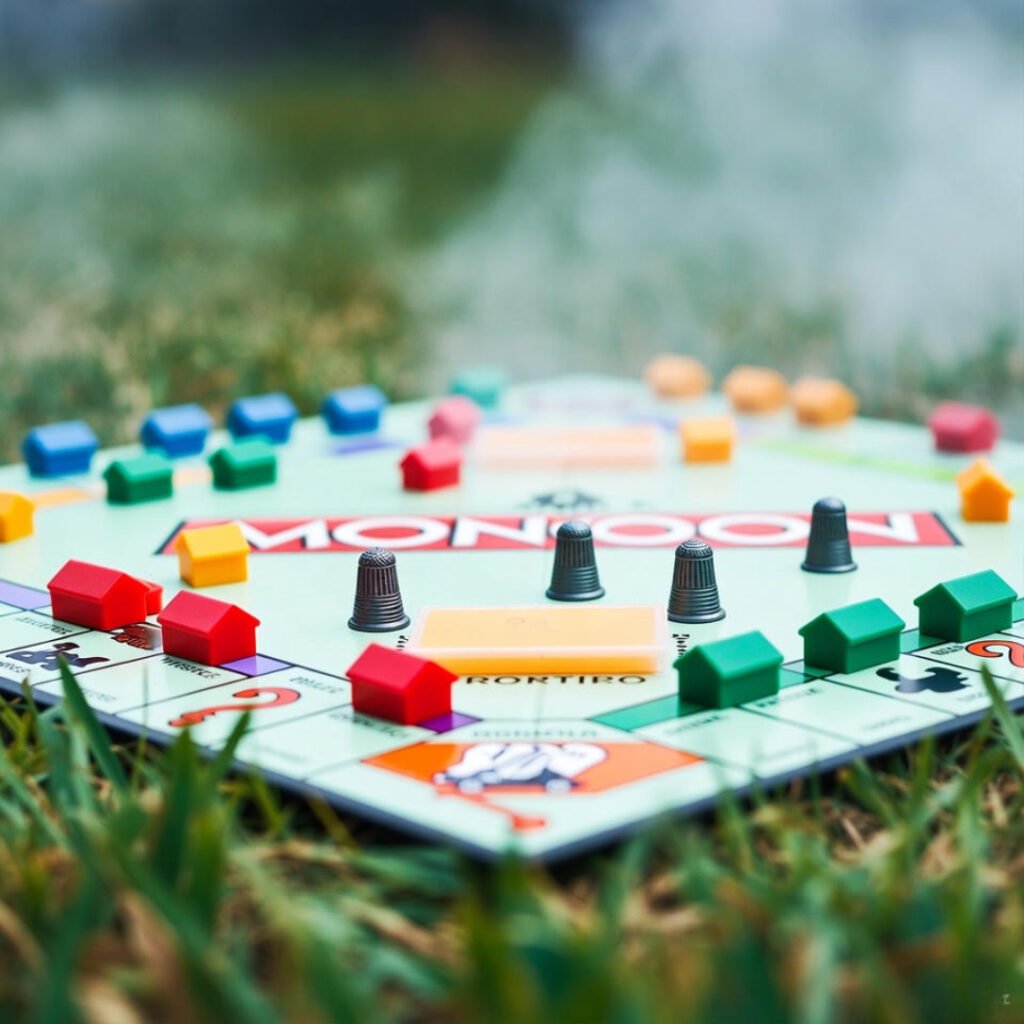 Scattered Monopoly houses and hotels on grassy board.