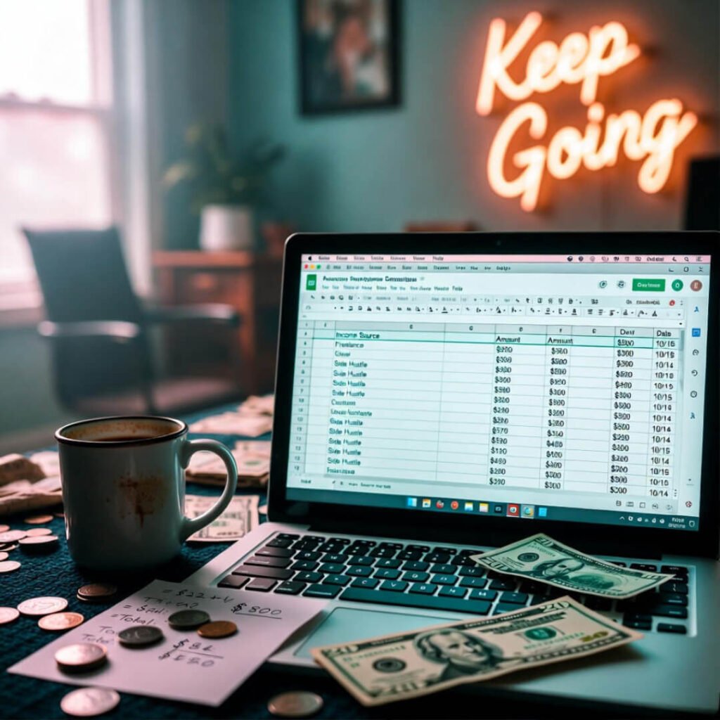 Income tracking sheet amid chaotic desk