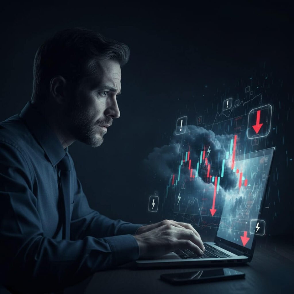 Businessman's worried face lit by volatile stock chart screen.