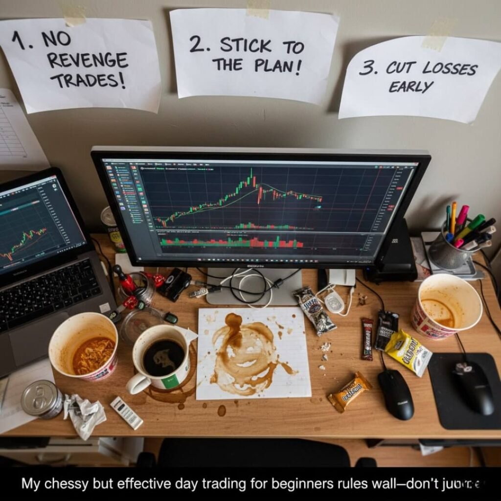 Overhead desk shot with taped trading rules and coffee.