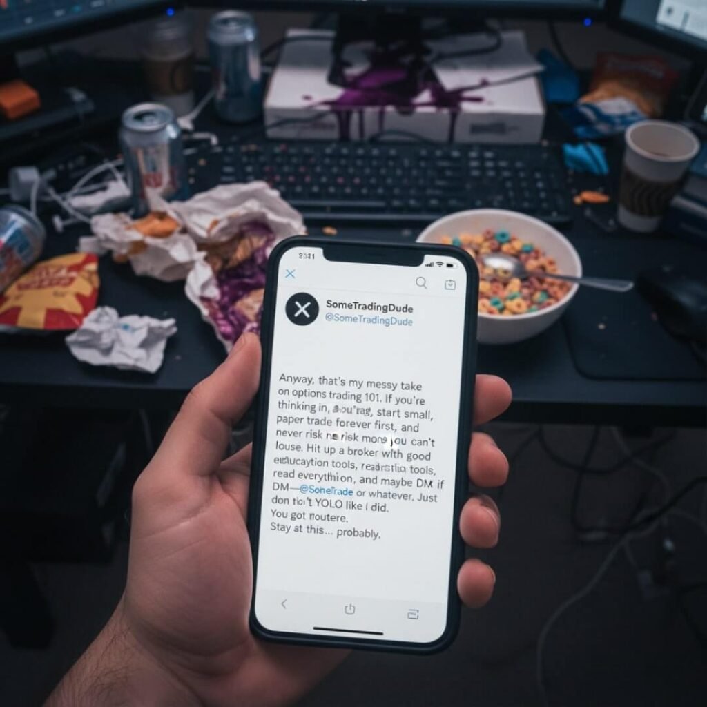 Night trading setup with messy desk and tired face.