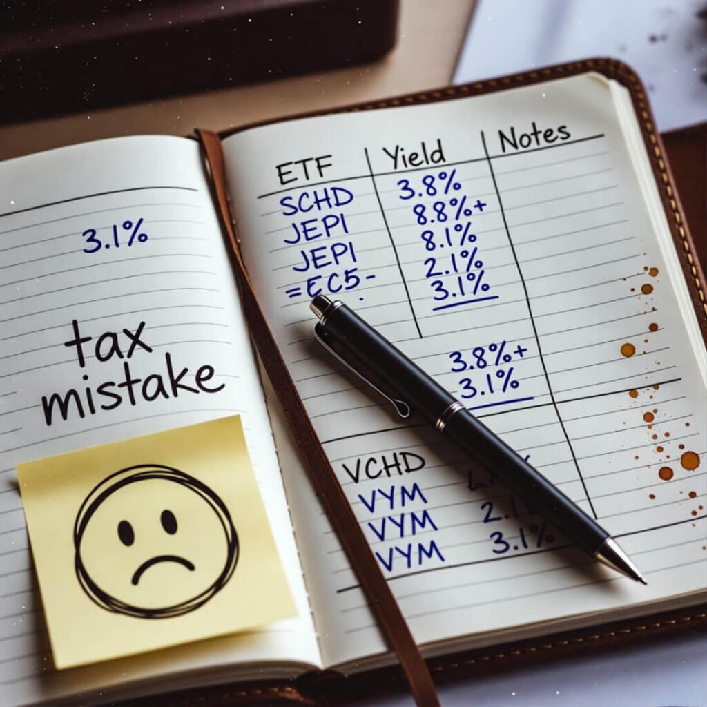 Notebook with handwritten ETF yields, coffee stains, and tax mistake note.