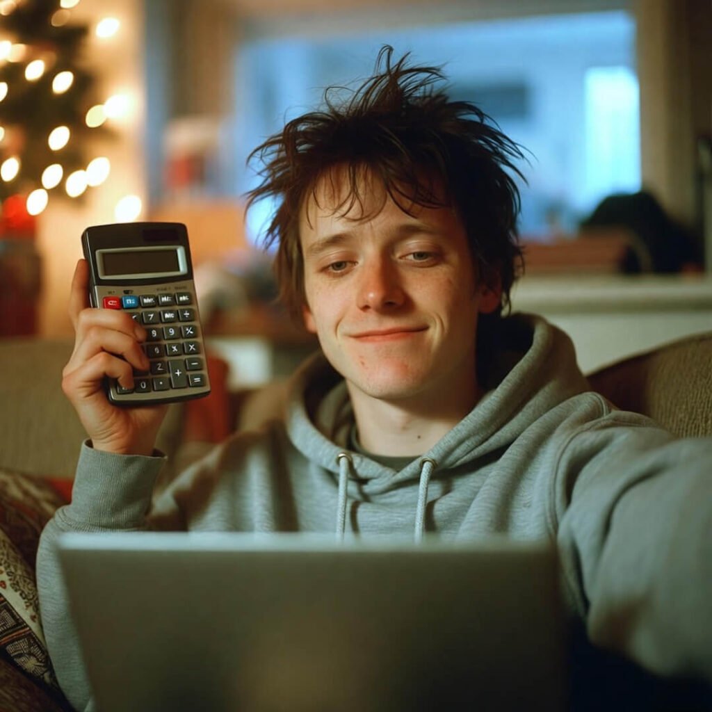 Tired selfie holding calculator, Christmas lights behind.