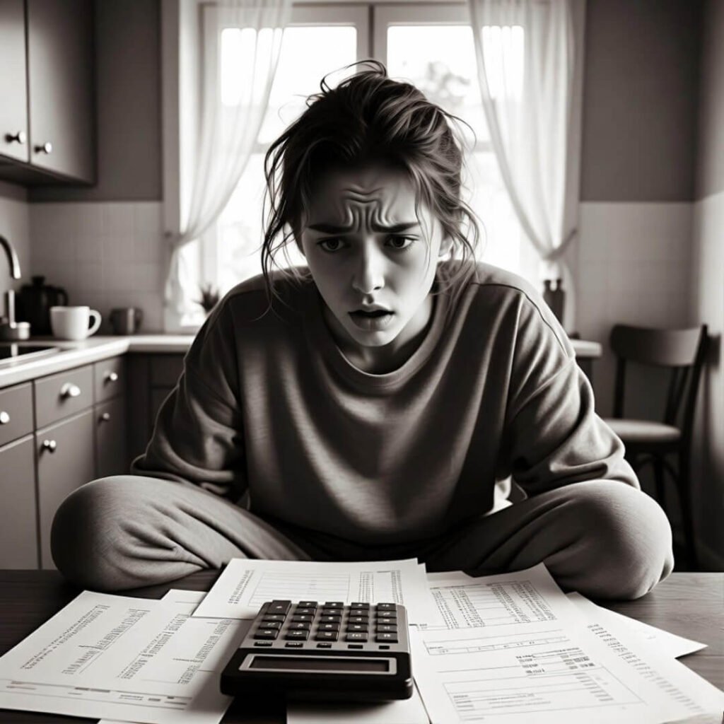 Person in sweatpants horrified at calculator and bills.