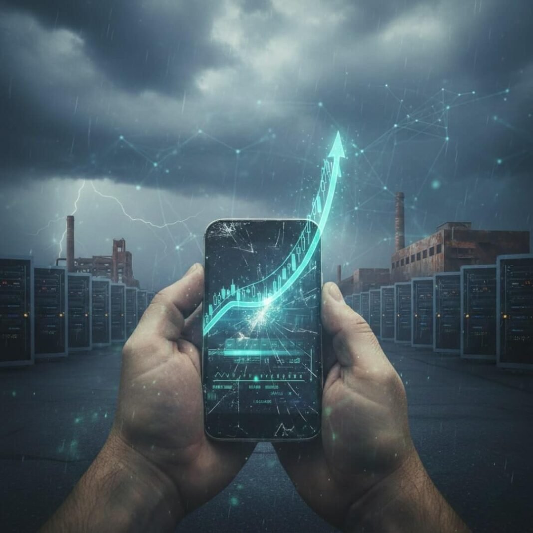 Holographic stock chart rising from old phone.