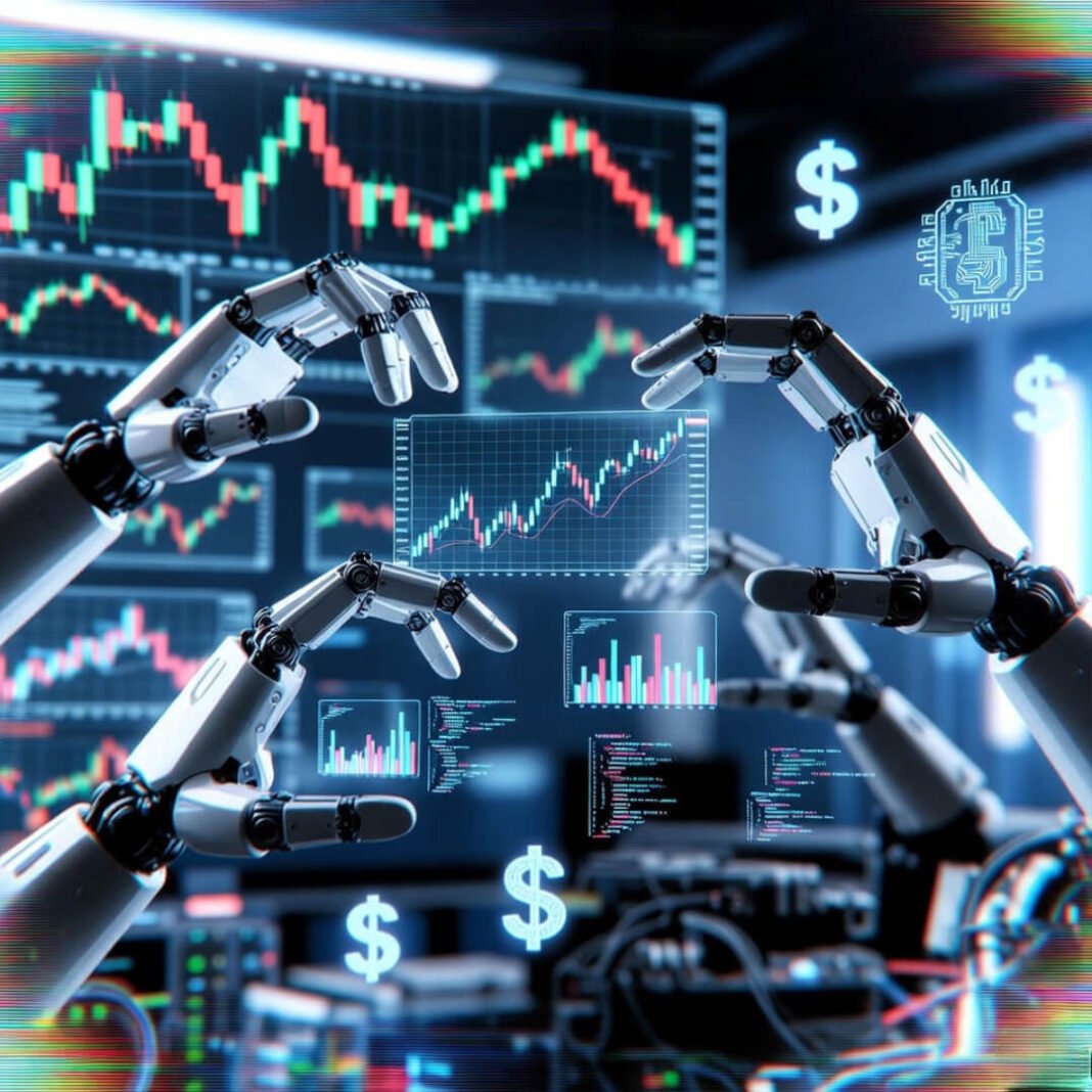 Cyberpunk robots juggling stock charts and code.