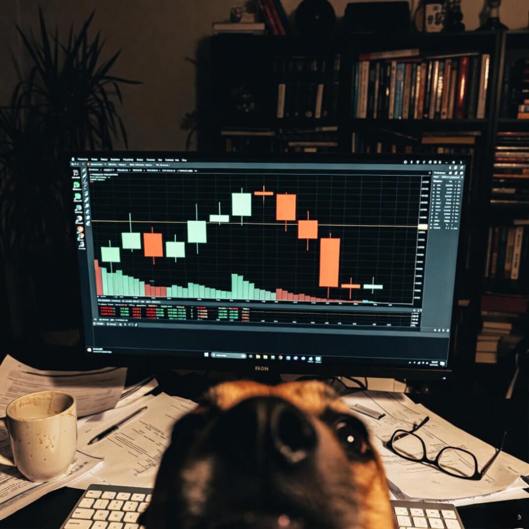Dog nose close to volatile trading charts on screen.