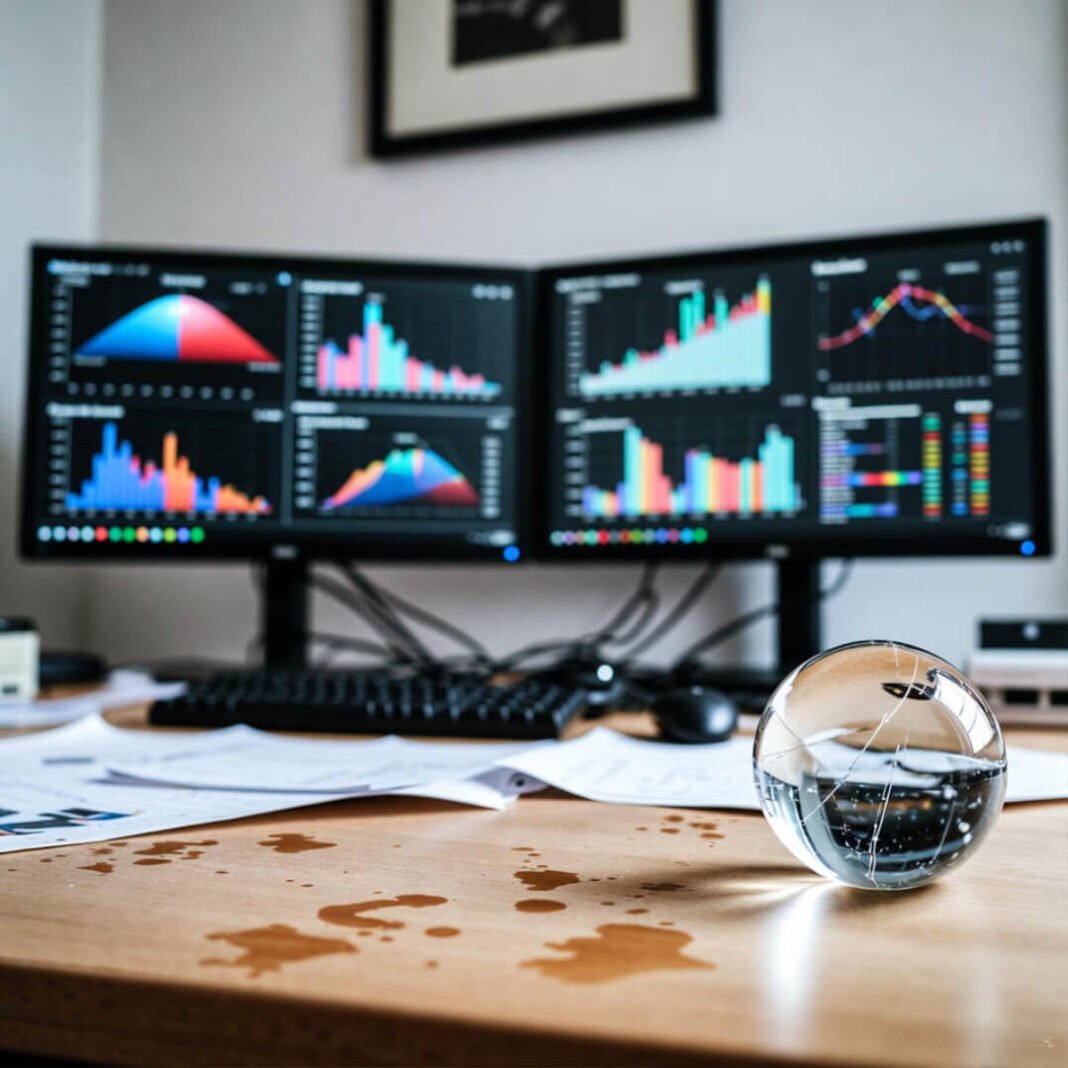 Chaotic trading desk with charts and cracked crystal ball
