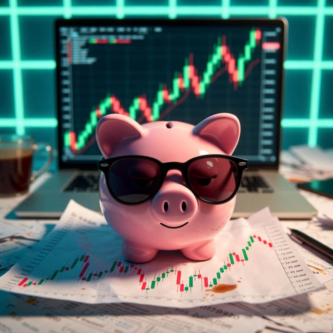 Cool piggy bank on stained S&P chart.