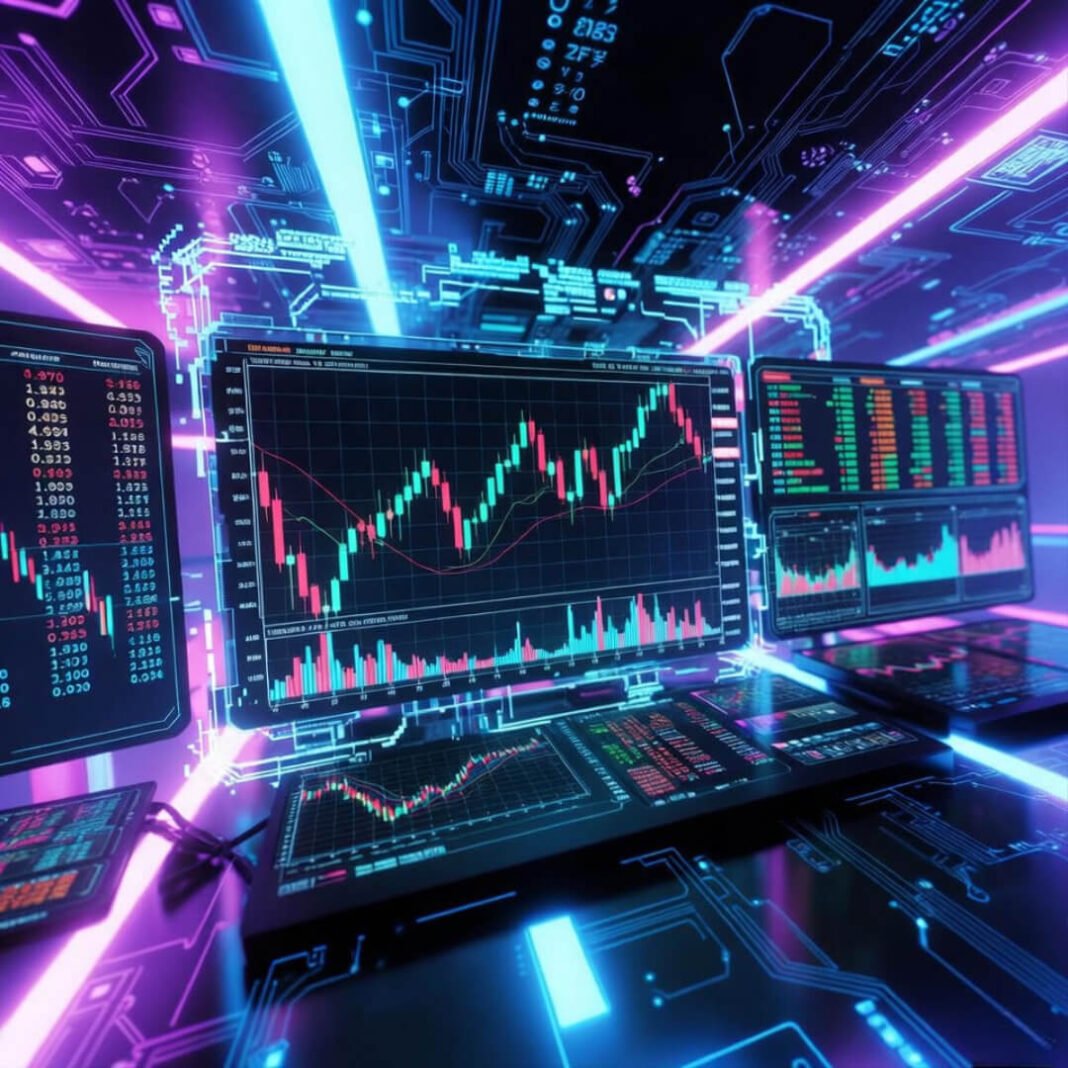 Neon cyberpunk ETF trading terminal dashboard.