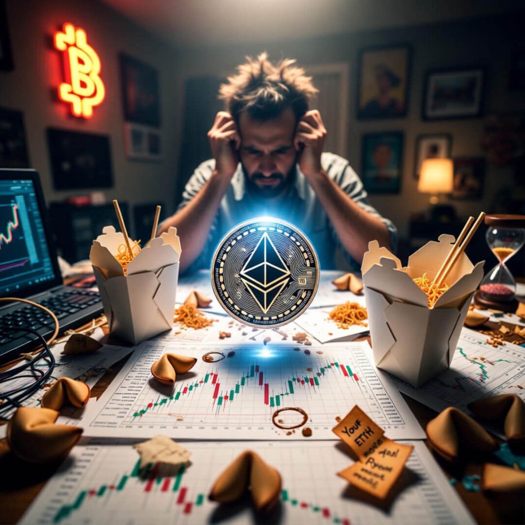 Messy desk with hovering Ethereum coin, exhausted trader.