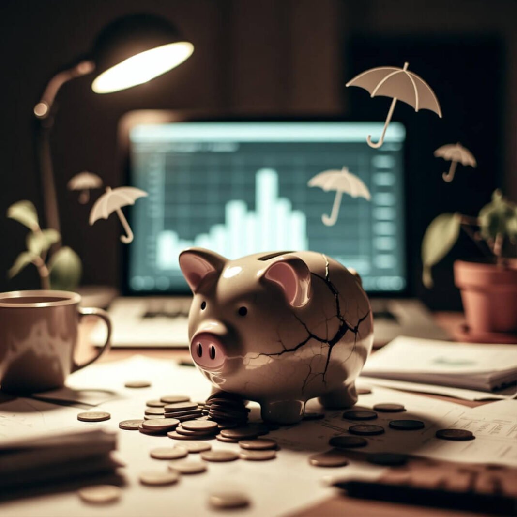 Cracked piggy bank on desk with crypto charts and umbrellas.