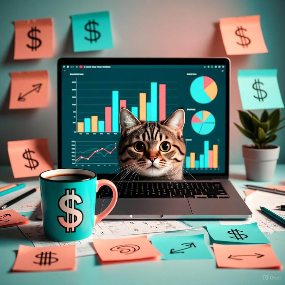 Tabby cat peeks behind affiliate stats laptop.