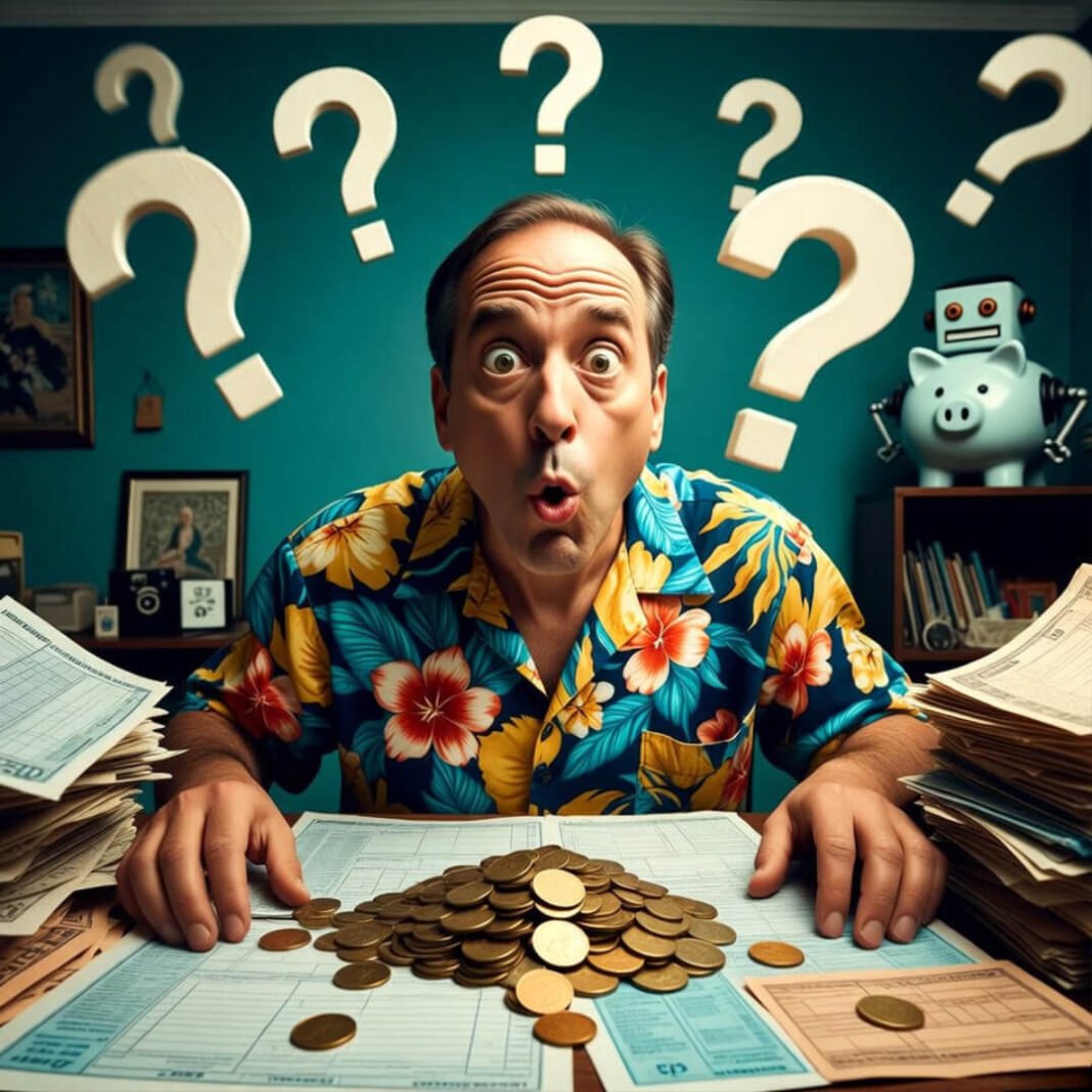 Surprised man in Hawaiian shirt discovering tax-free coins chaos.