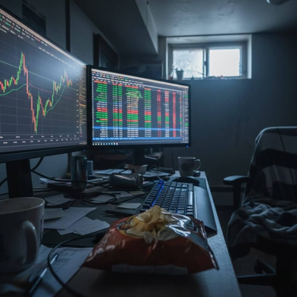 Cluttered desk with monitors, chips, and dim light.