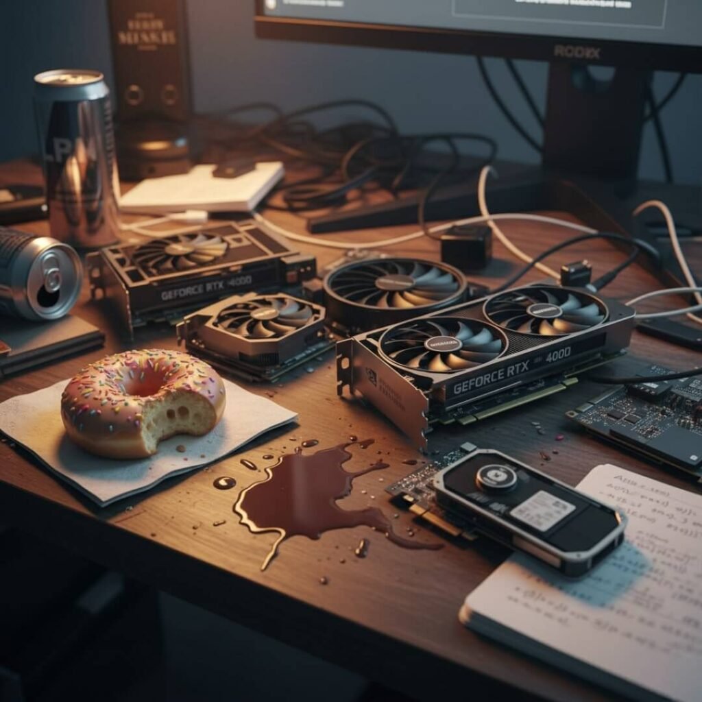 Messy desk with scattered GPUs, donut, and coffee.