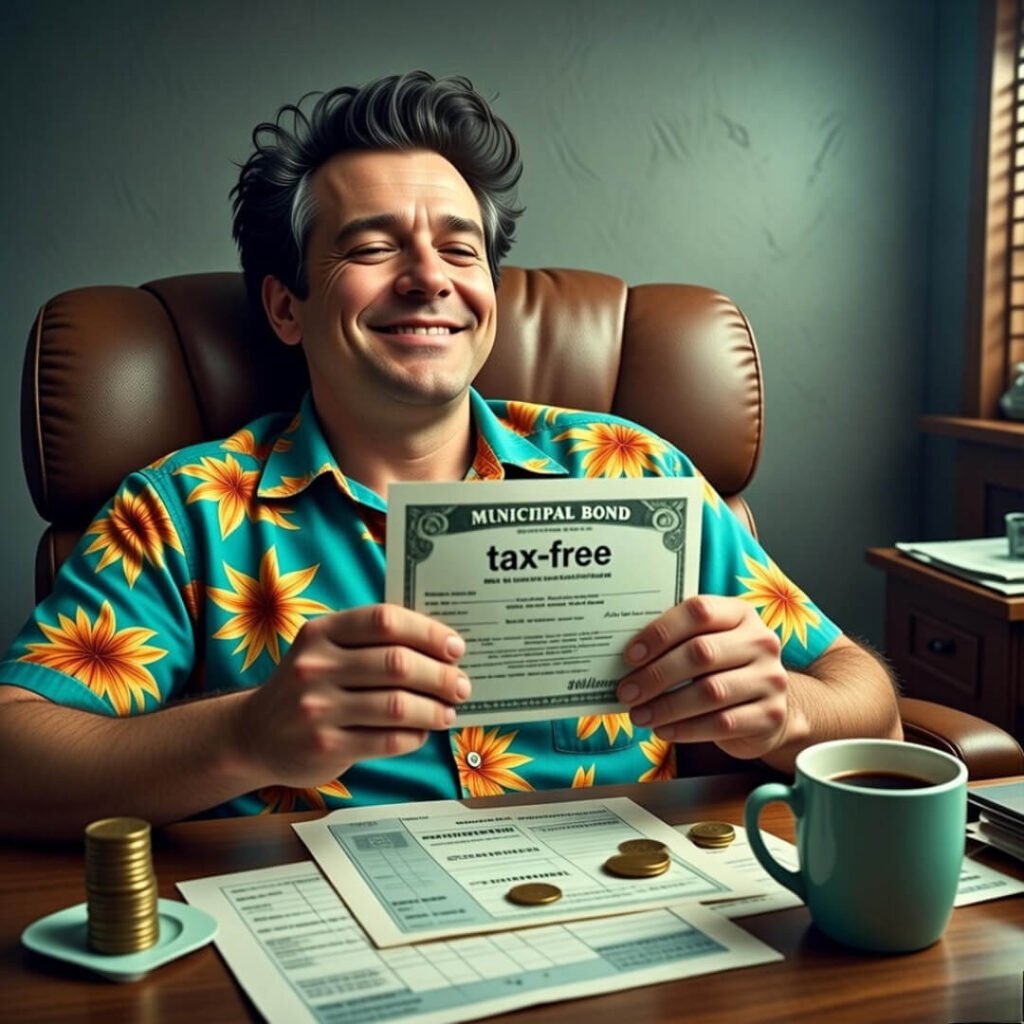 Relieved man holding tax-free municipal bond with coins.