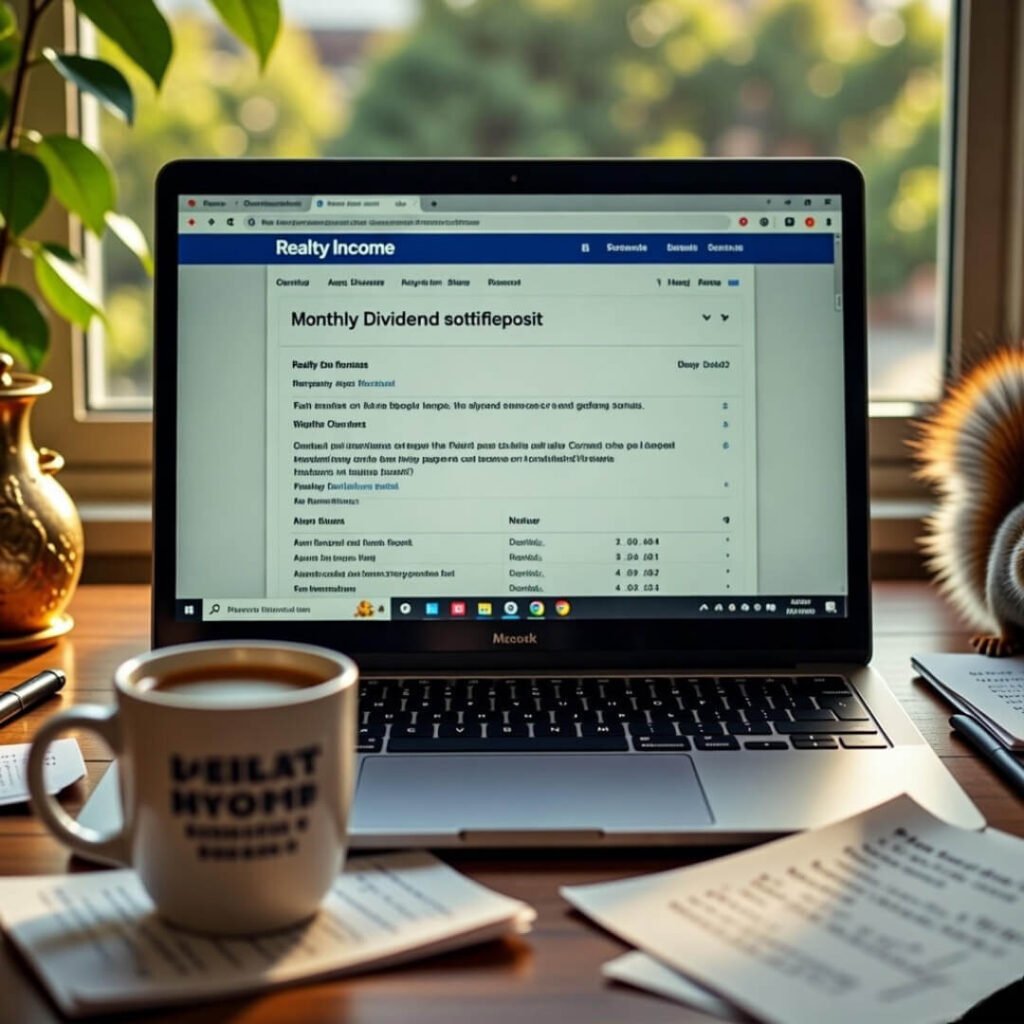 Laptop showing Realty Income dividend deposit with coffee mug.