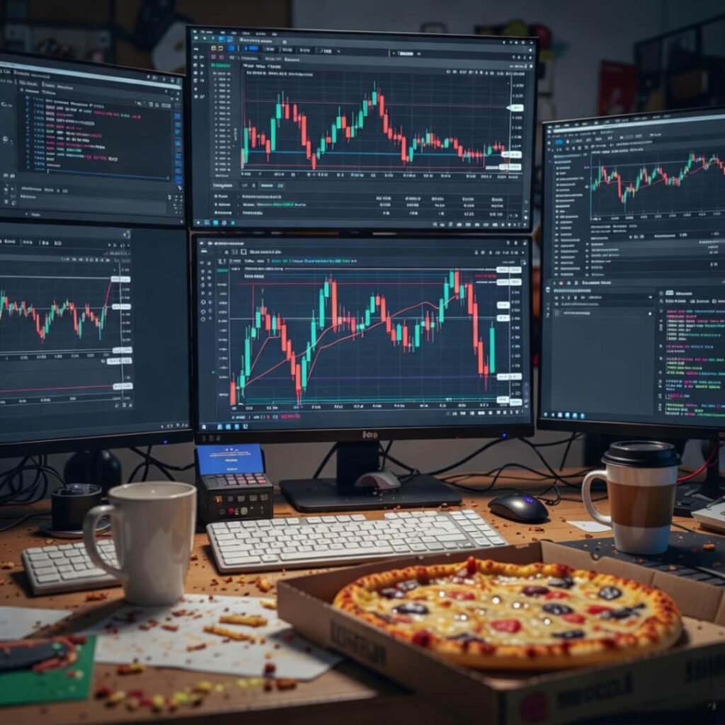 Messy trading desk with losses and cold pizza.