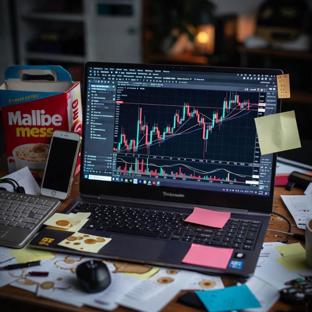 Messy desk with thinkorswim charts and sticky notes.