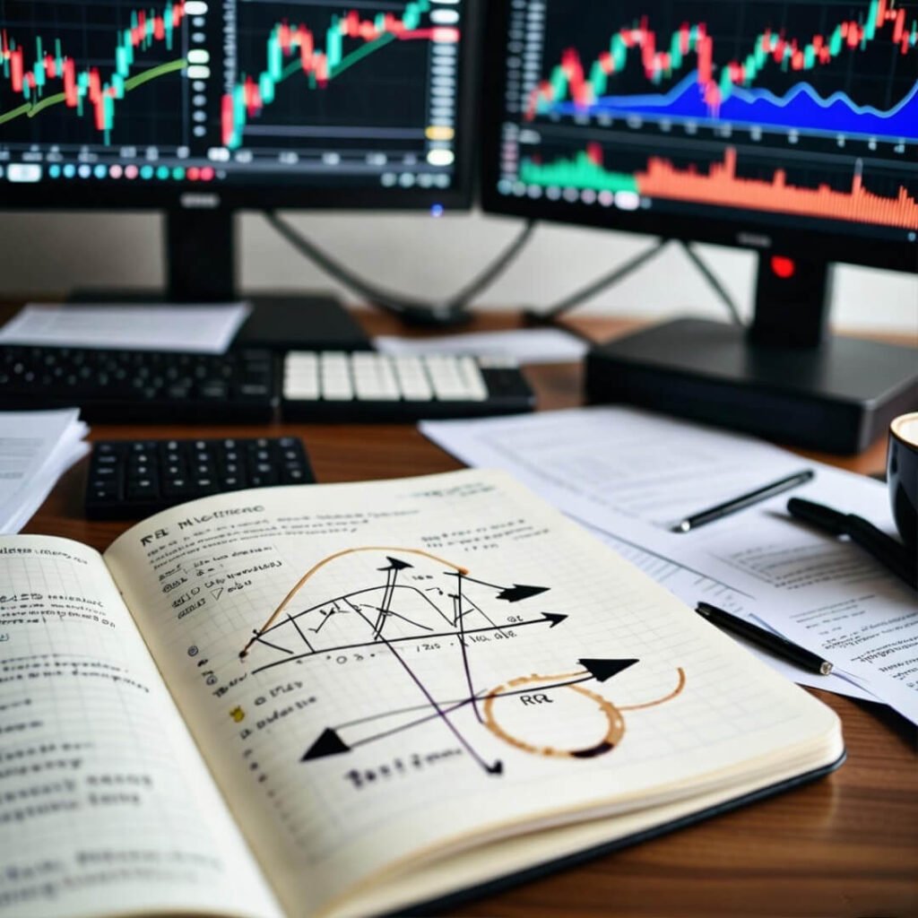 Hand-drawn RSI divergence notes with coffee stain