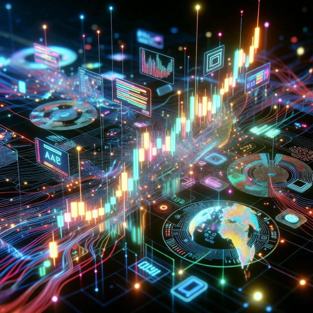 Abstract neon digital ETF trading symbols.