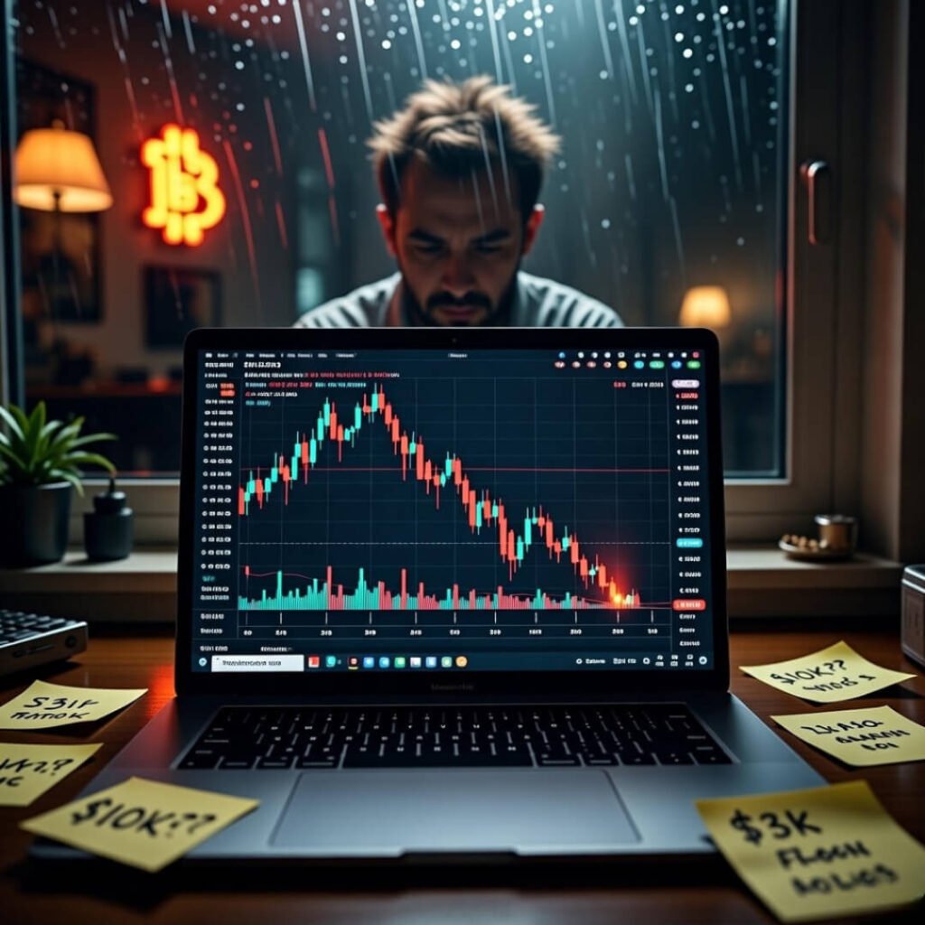 Rainy night ETH charts dipping, doubtful reflection.