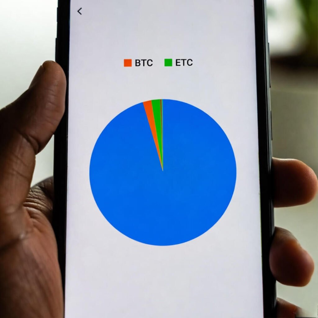 Handheld phone showing stablecoin-heavy portfolio pie chart.