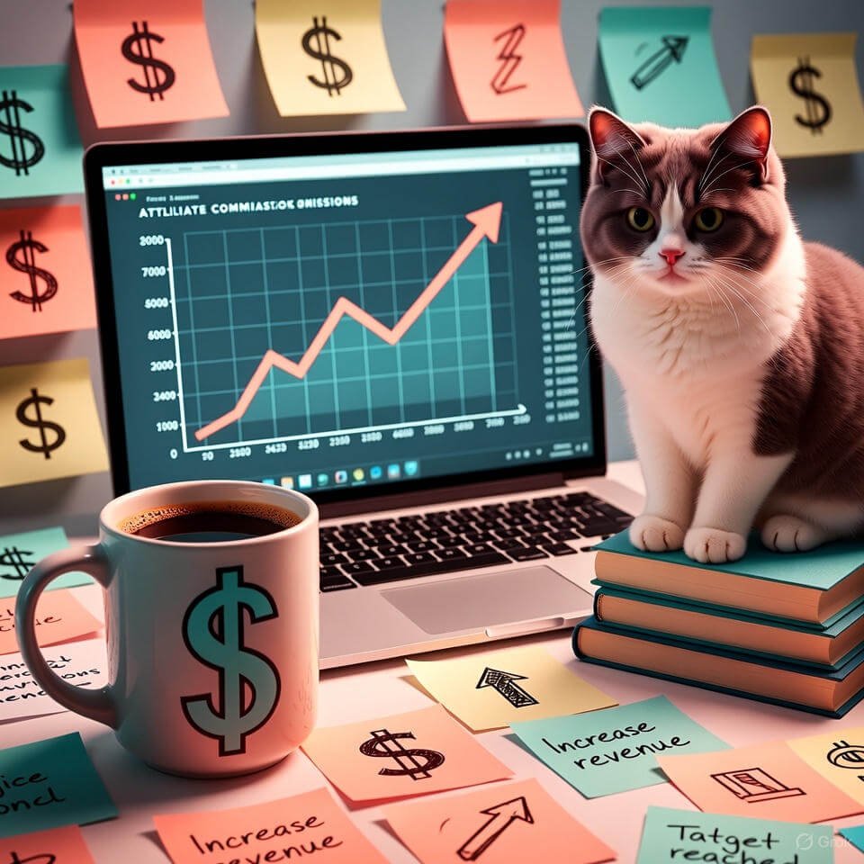 Judging cat atop books with rising commissions.