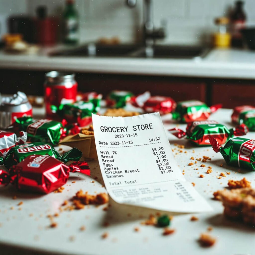 Grocery receipt with VeChain traceability overlay (5 words)