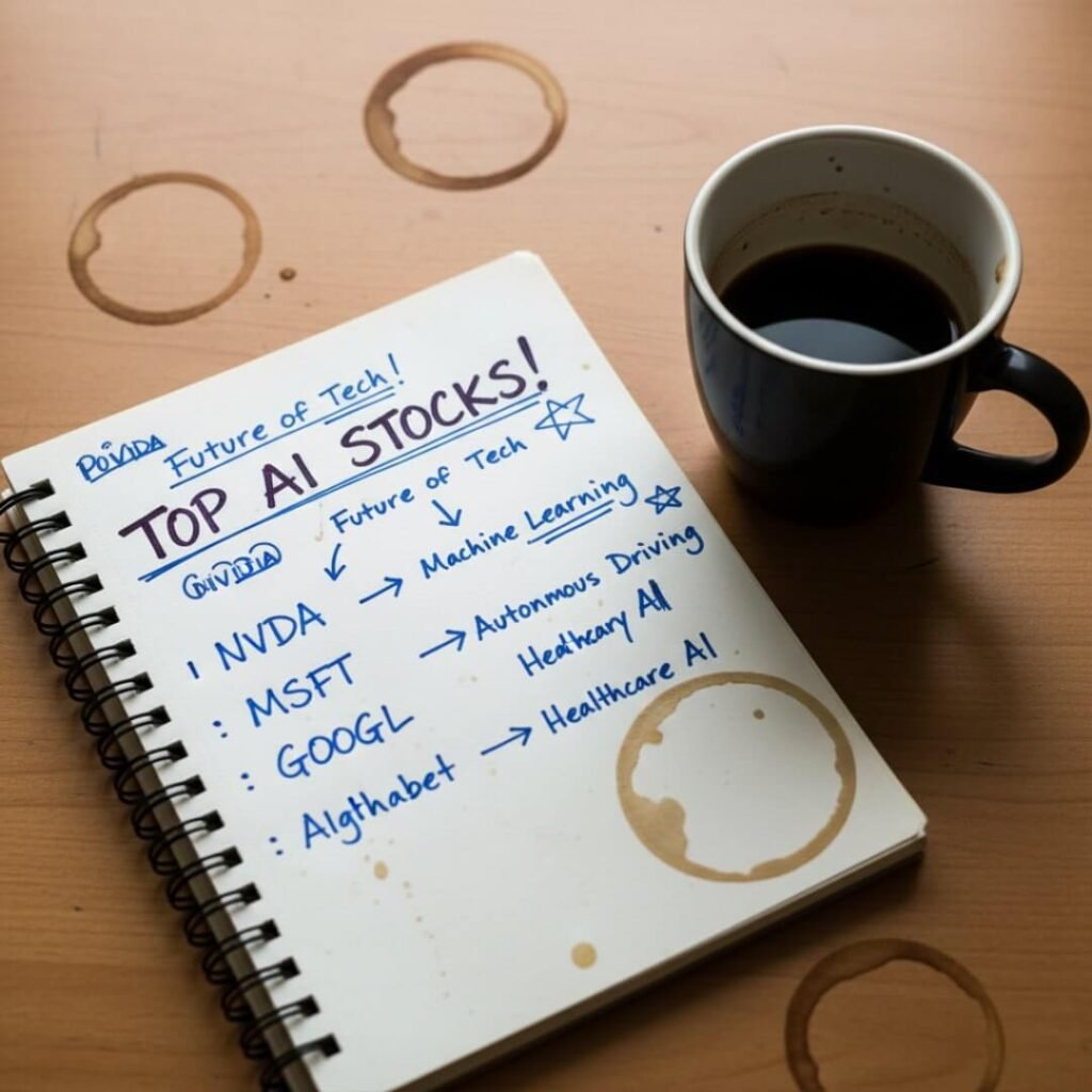 Overhead view of AI stock notes with coffee stains.