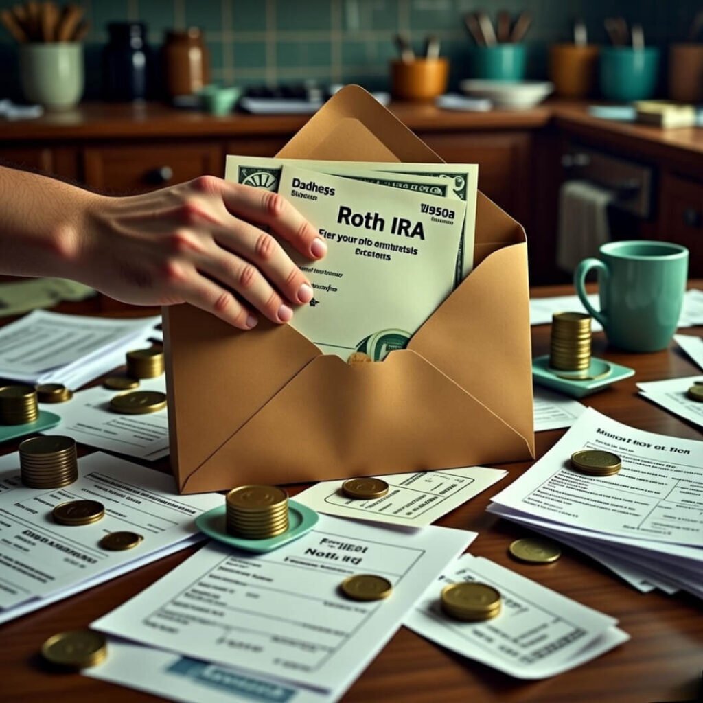 Hand excitedly grabbing cash from envelope amid Roth IRA papers.