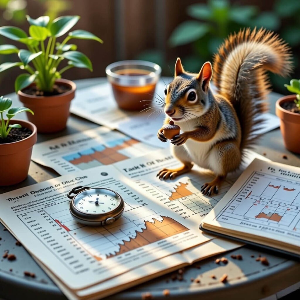 Squirrel holding acorn on cluttered stock charts outdoors.