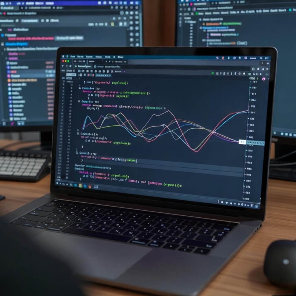 Laptop running profitable Python trading code.