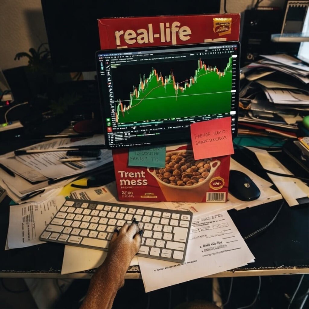 Dog paw on keyboard during green trading day.