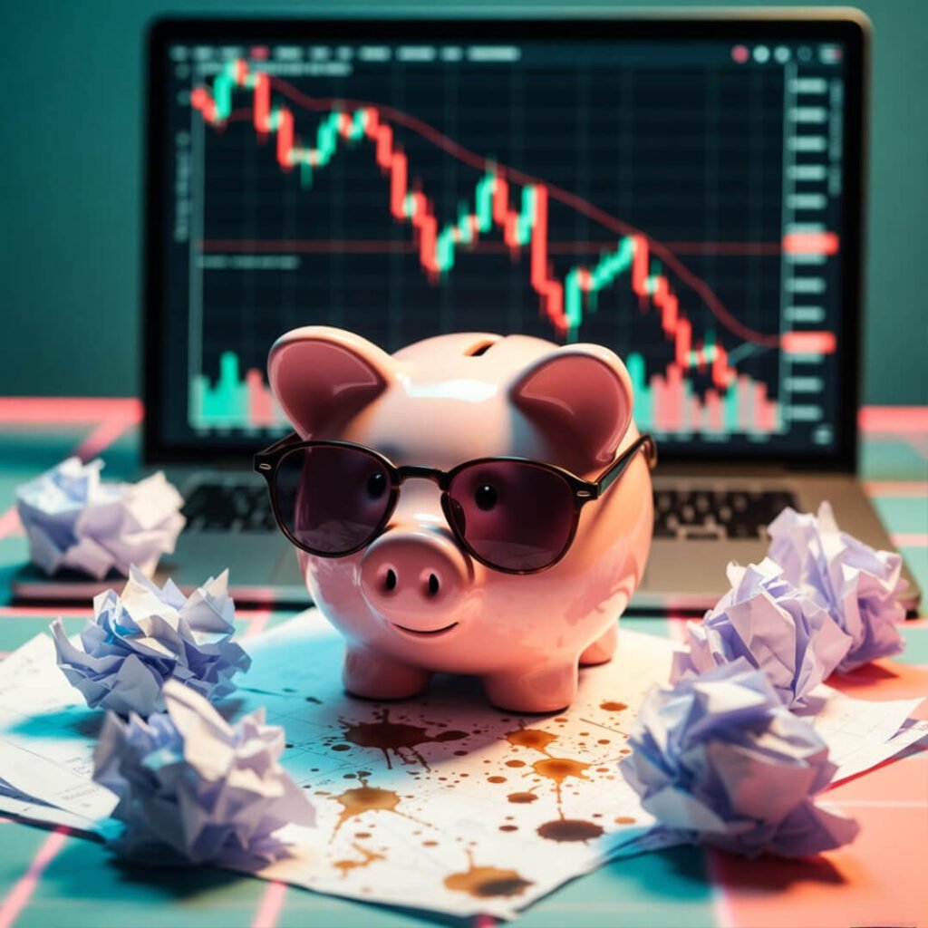 Piggy bank amid crumpled papers, red chart.