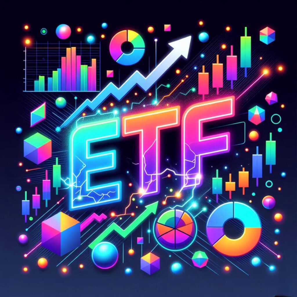 Vibrant glowing ETF with stock charts.