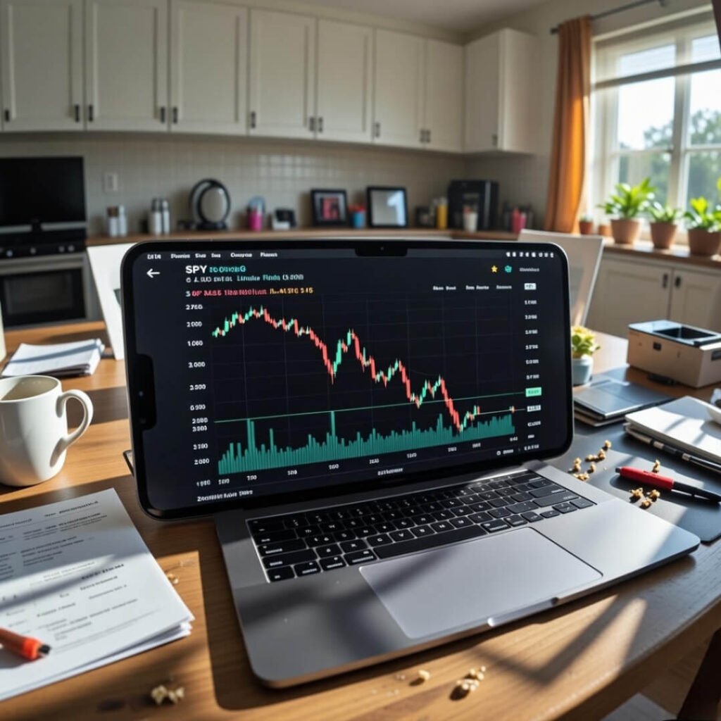 Hand holding phone with SPY ticker dip chart, fisheye view.
