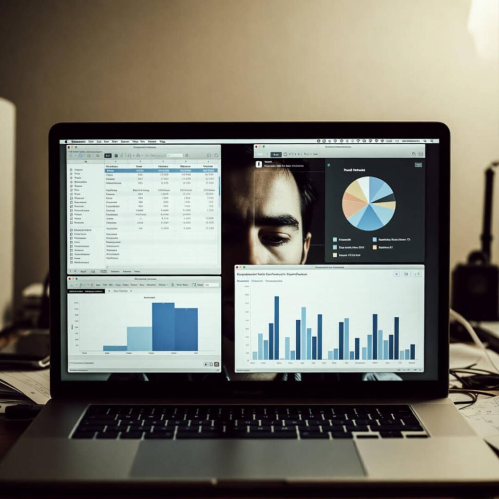 Laptop with Polygon stats and tired reflection (6 words)